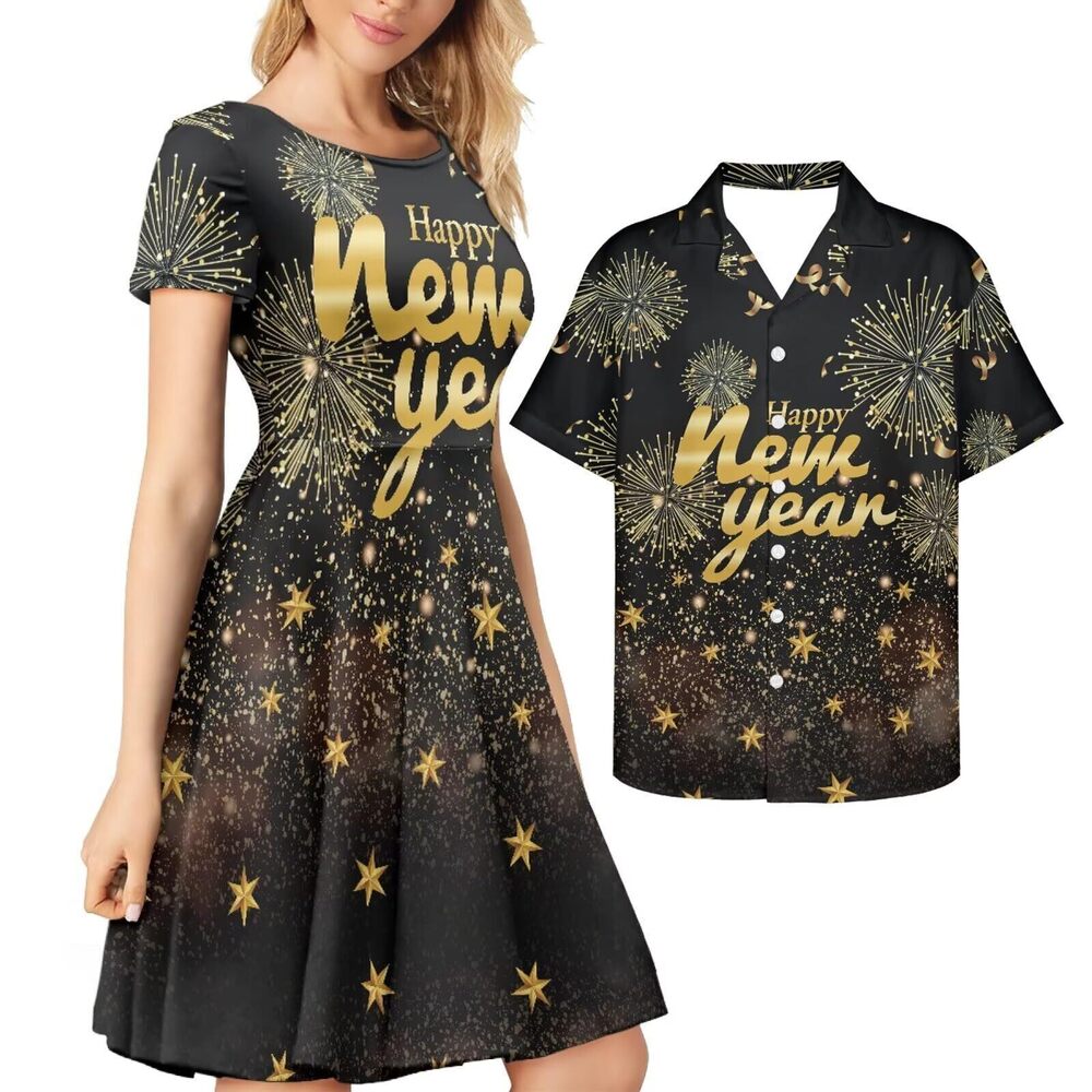 4937 Funny Couple Costumes for New Year Firework Print Black Couples